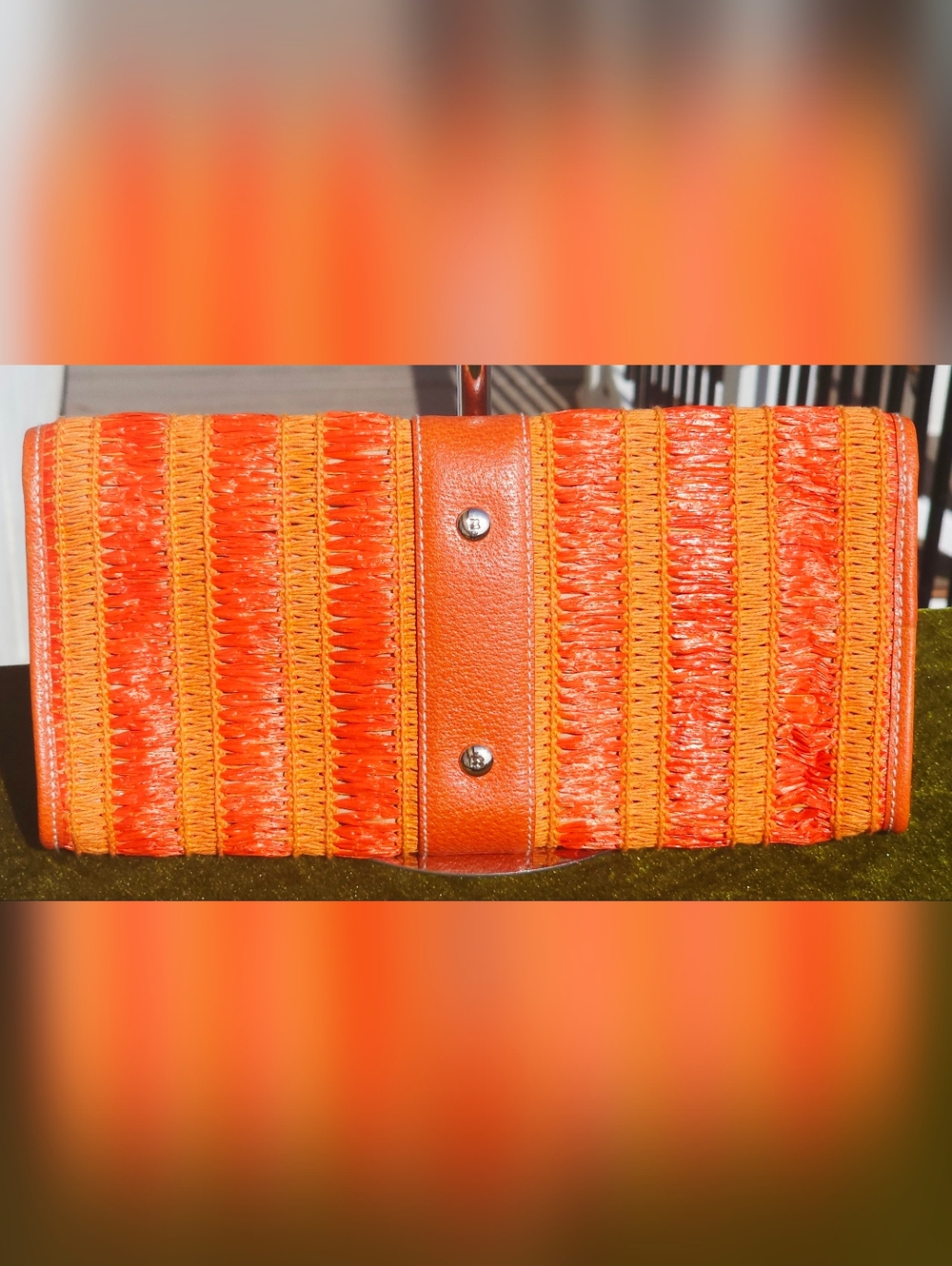 Vintage Kate Spade NY Straw Raffia & Leather "Ava" Clutch — Sunset Orange - Picture 6 of 6